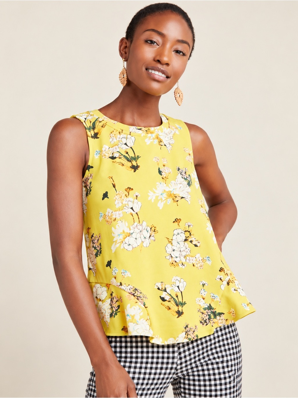 Eva Franco Arborist Floral Tank Top Anthropologie Size M Yellow Peplum Cotton